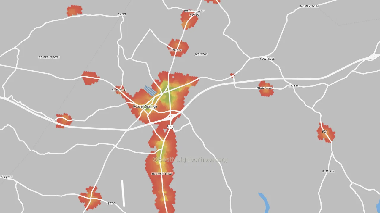 Walk Grade map of 42642, KY, walkable areas in green and car-dependent areas in red