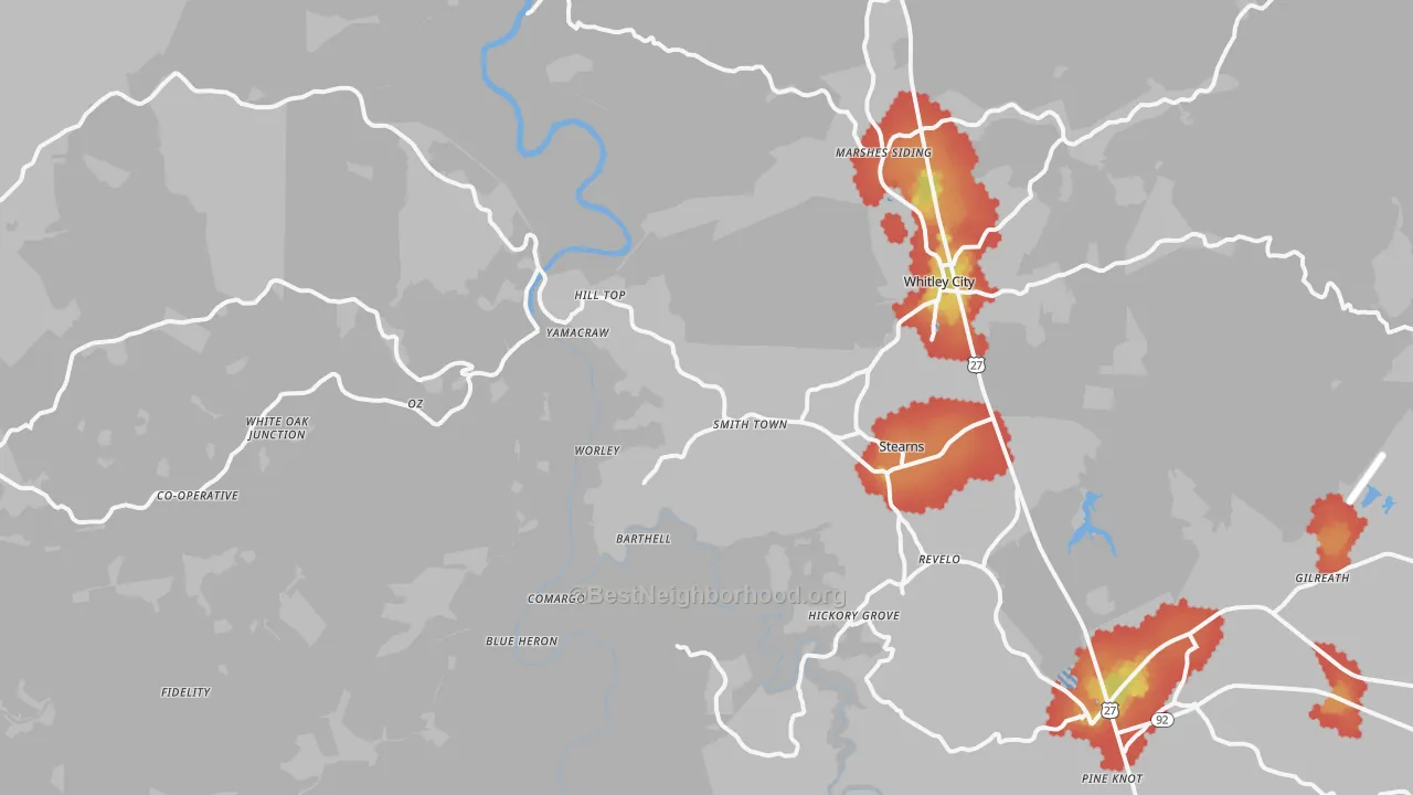 Walk Grade map of 42647, KY, walkable areas in green and car-dependent areas in red