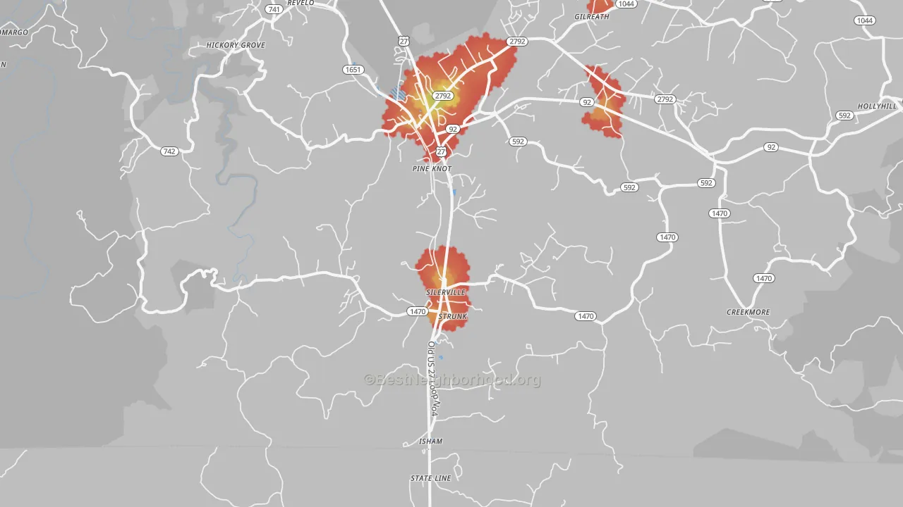 Walk Grade map of 42649, KY, walkable areas in green and car-dependent areas in red