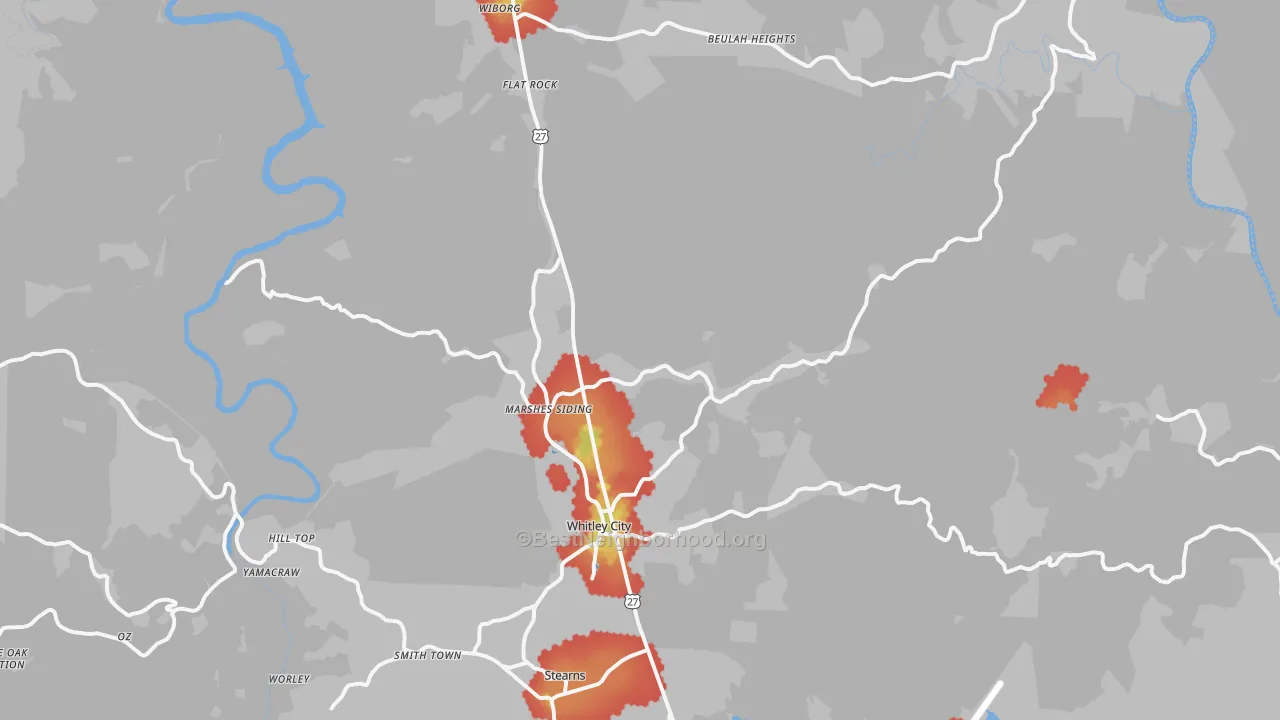Walk Grade map of 42653, KY, walkable areas in green and car-dependent areas in red