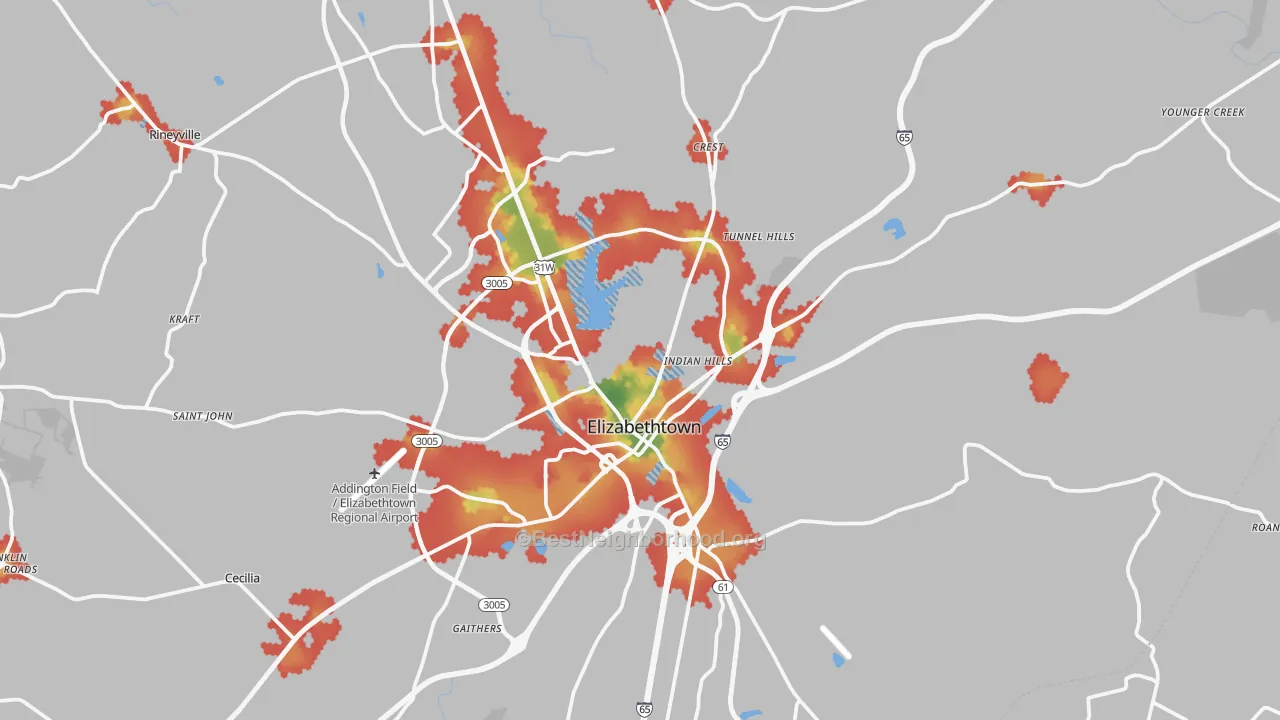 Walk Grade map of 42701, KY, walkable areas in green and car-dependent areas in red