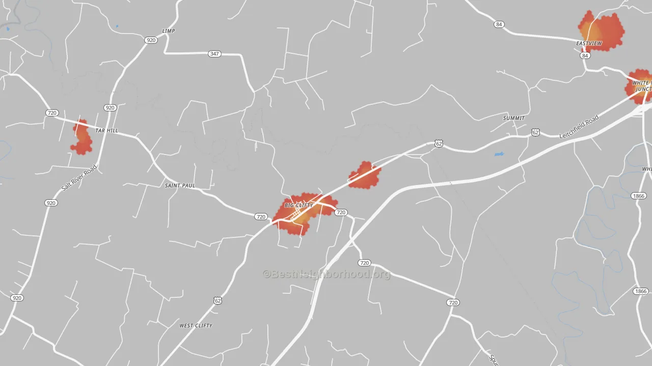 Walk Grade map of 42712, KY, walkable areas in green and car-dependent areas in red