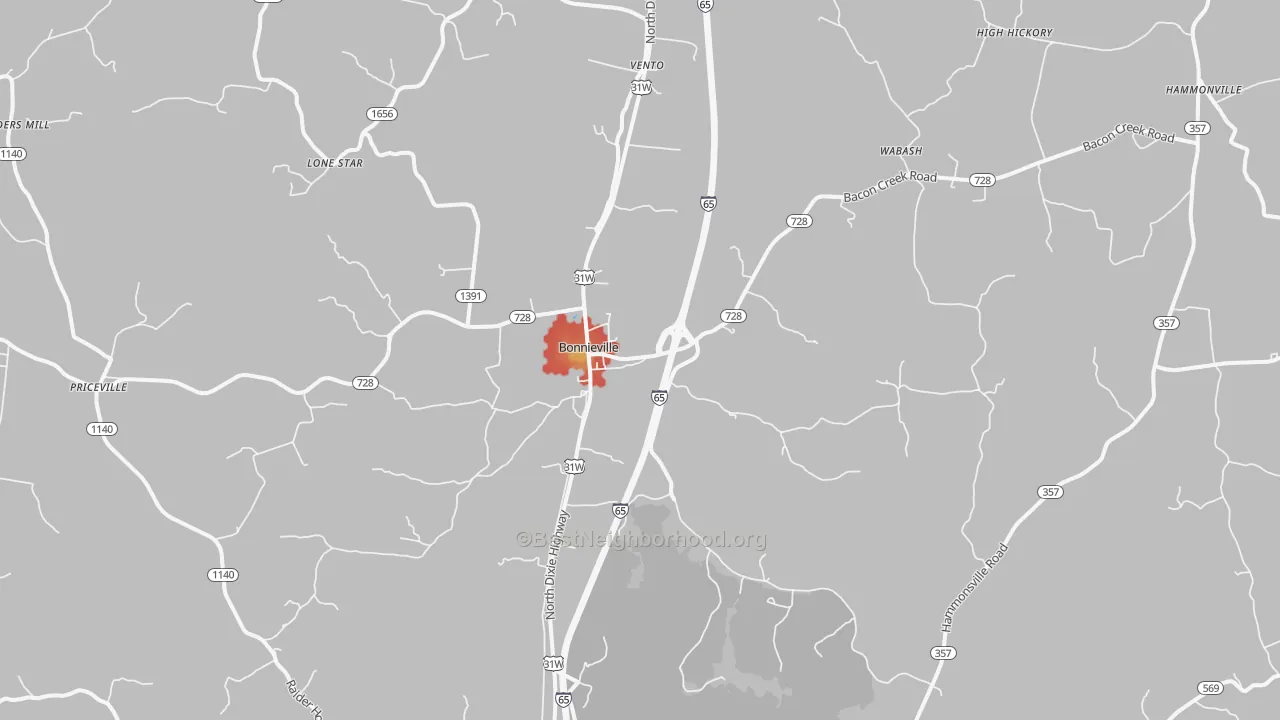 Walk Grade map of 42713, KY, walkable areas in green and car-dependent areas in red