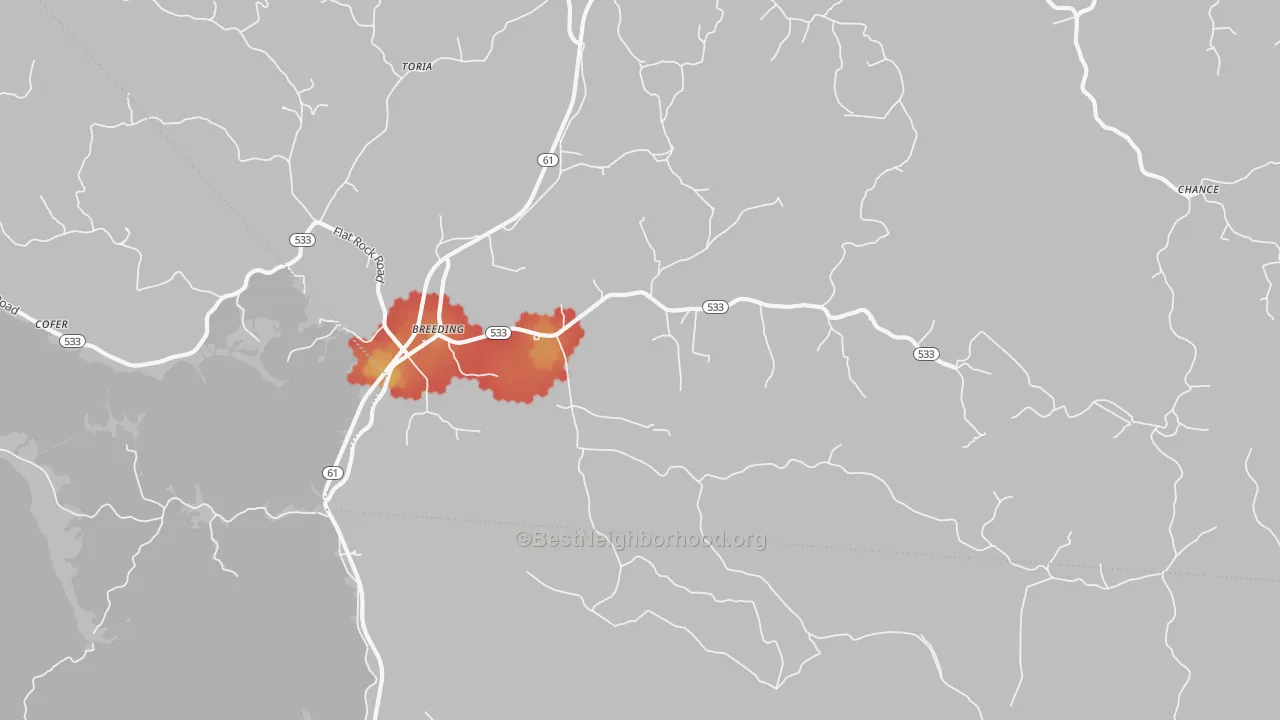 Walk Grade map of 42715, KY, walkable areas in green and car-dependent areas in red