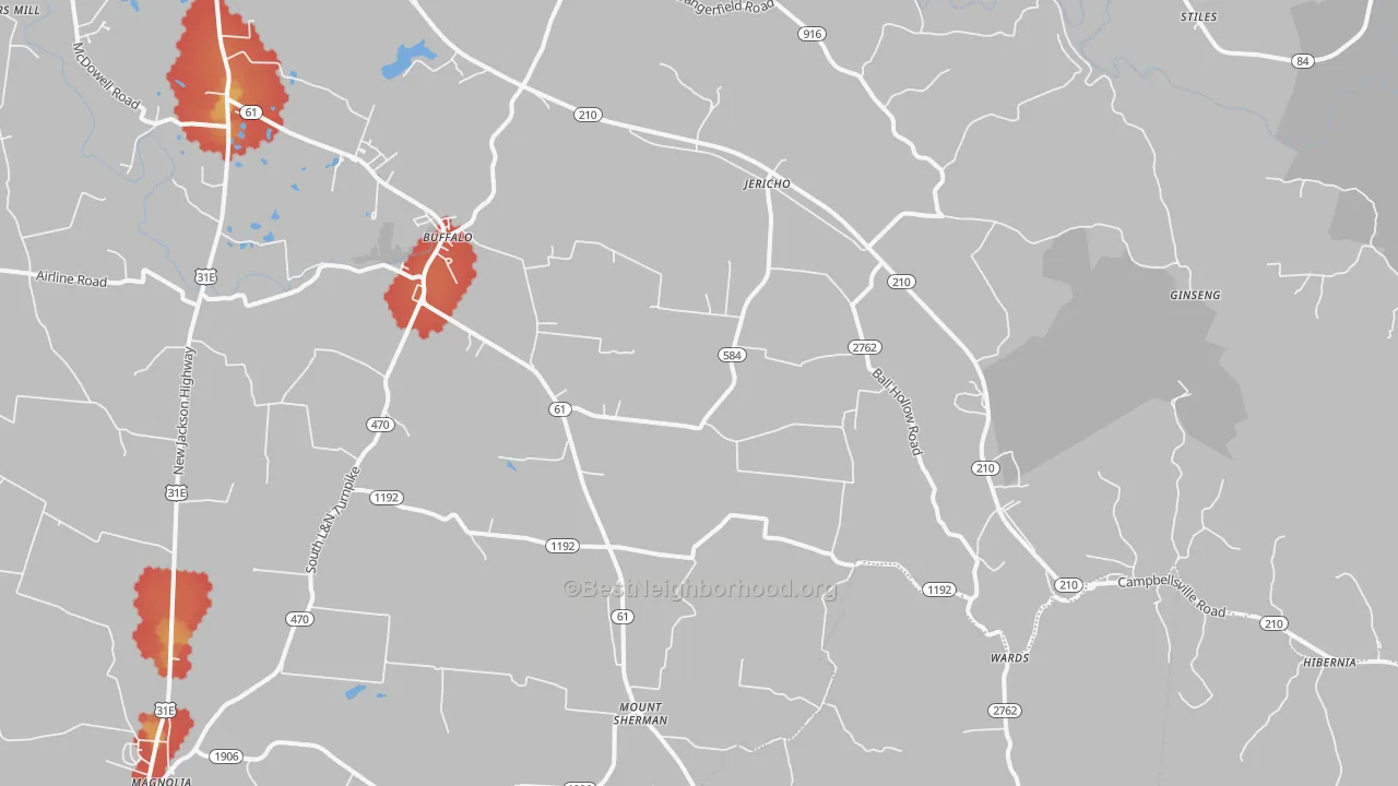 Walk Grade map of 42716, KY, walkable areas in green and car-dependent areas in red