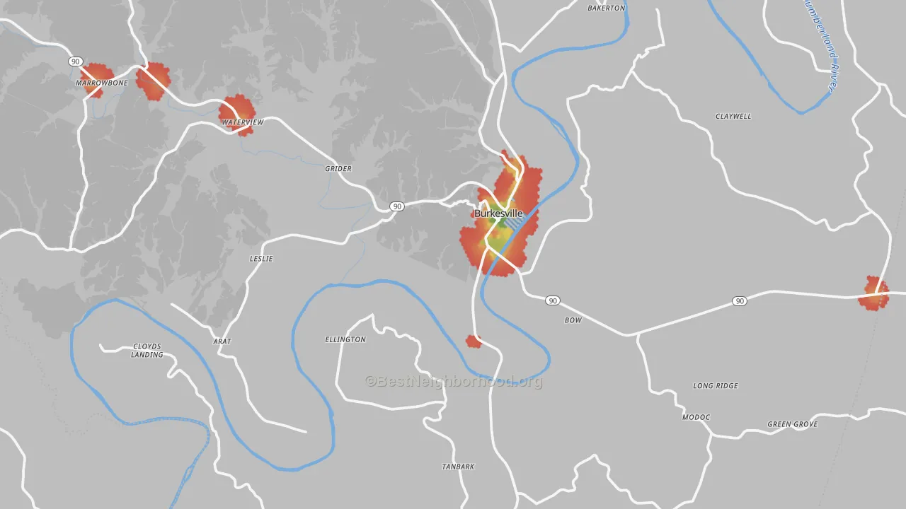 Walk Grade map of 42717, KY, walkable areas in green and car-dependent areas in red