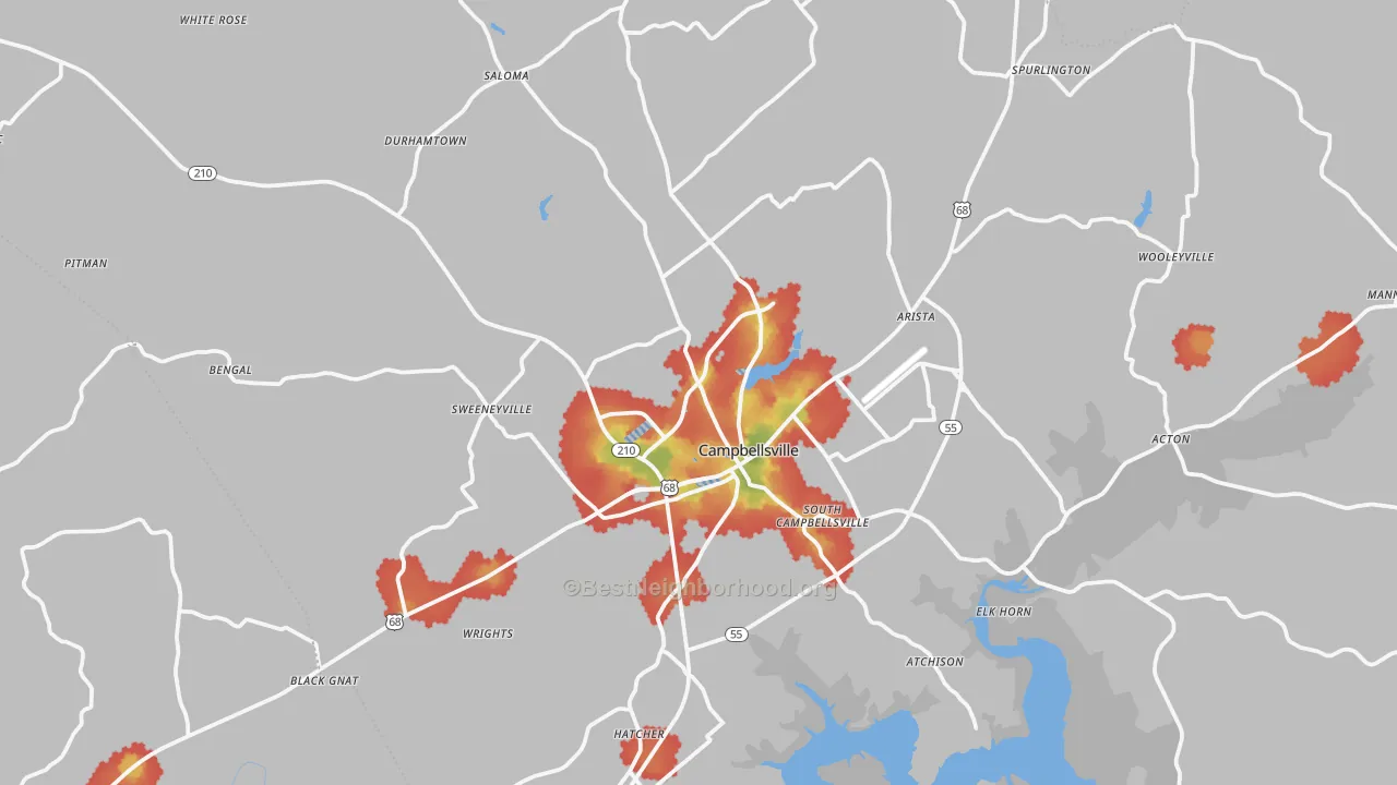 Walk Grade map of 42718, KY, walkable areas in green and car-dependent areas in red