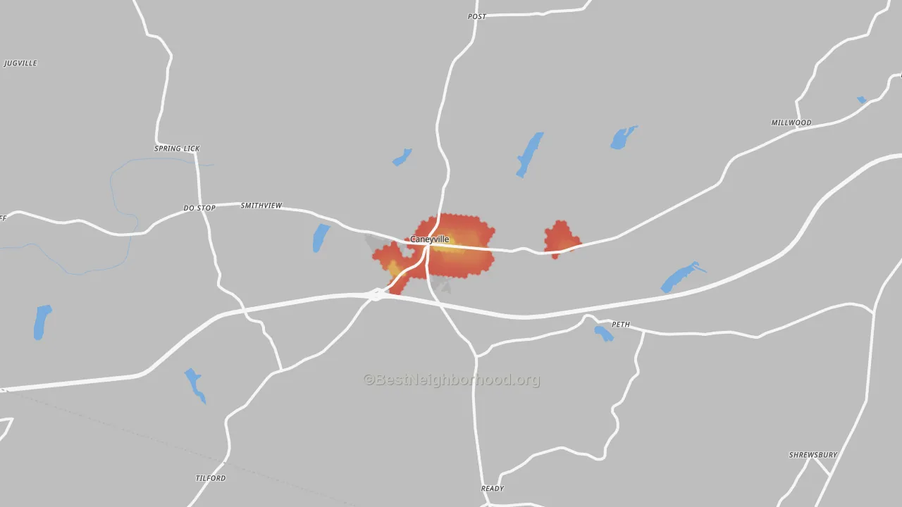 Walk Grade map of 42721, KY, walkable areas in green and car-dependent areas in red