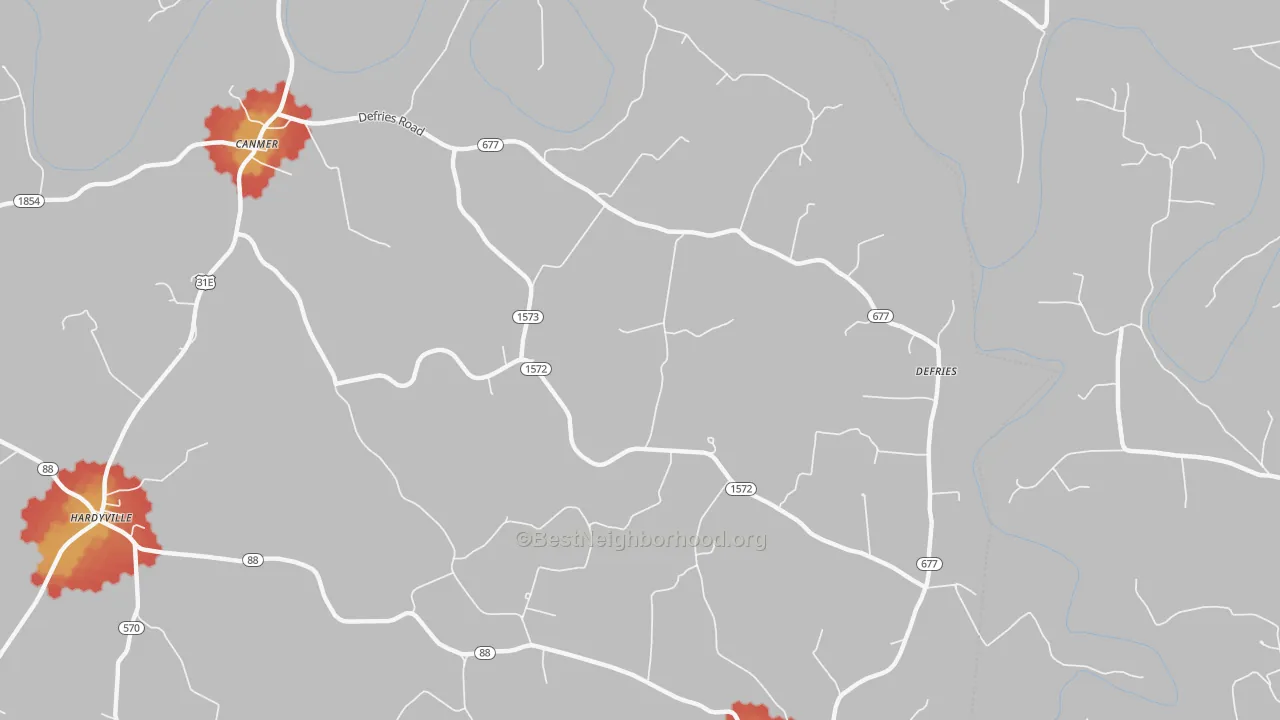 Walk Grade map of 42722, KY, walkable areas in green and car-dependent areas in red