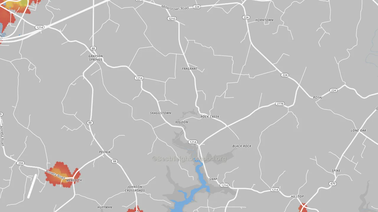 Walk Grade map of 42726, KY, walkable areas in green and car-dependent areas in red