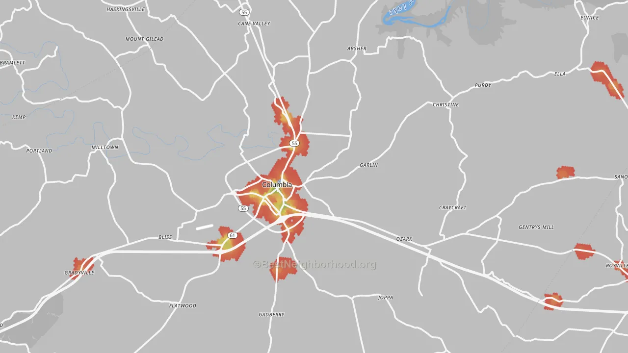 Walk Grade map of 42728, KY, walkable areas in green and car-dependent areas in red