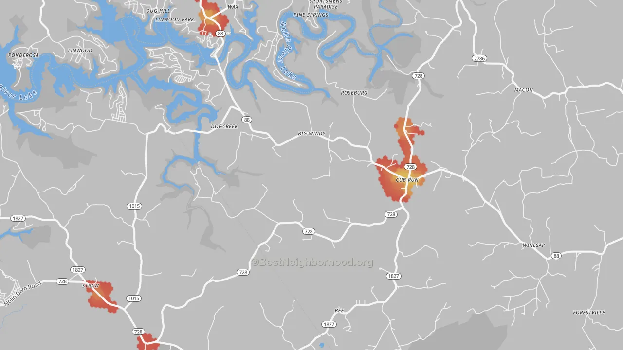 Walk Grade map of 42729, KY, walkable areas in green and car-dependent areas in red