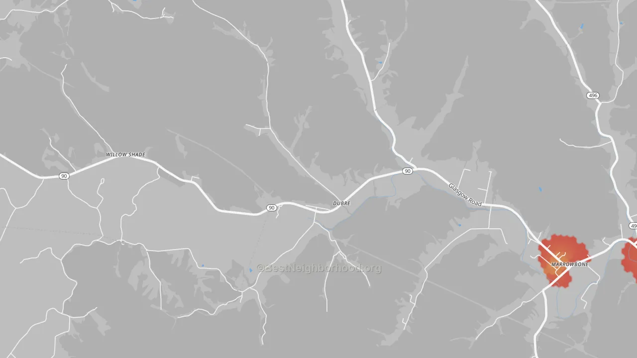Walk Grade map of 42731, KY, walkable areas in green and car-dependent areas in red