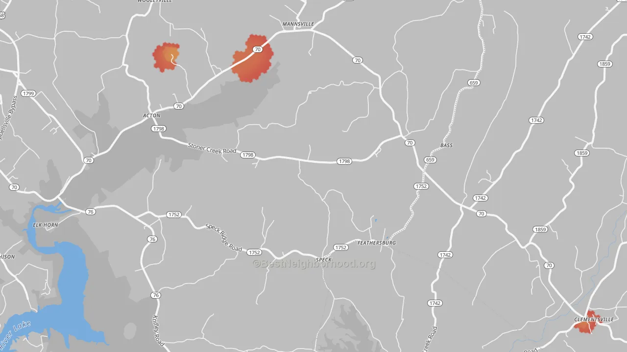 Walk Grade map of 42733, KY, walkable areas in green and car-dependent areas in red