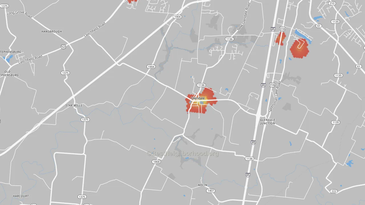 Walk Grade map of 42740, KY, walkable areas in green and car-dependent areas in red