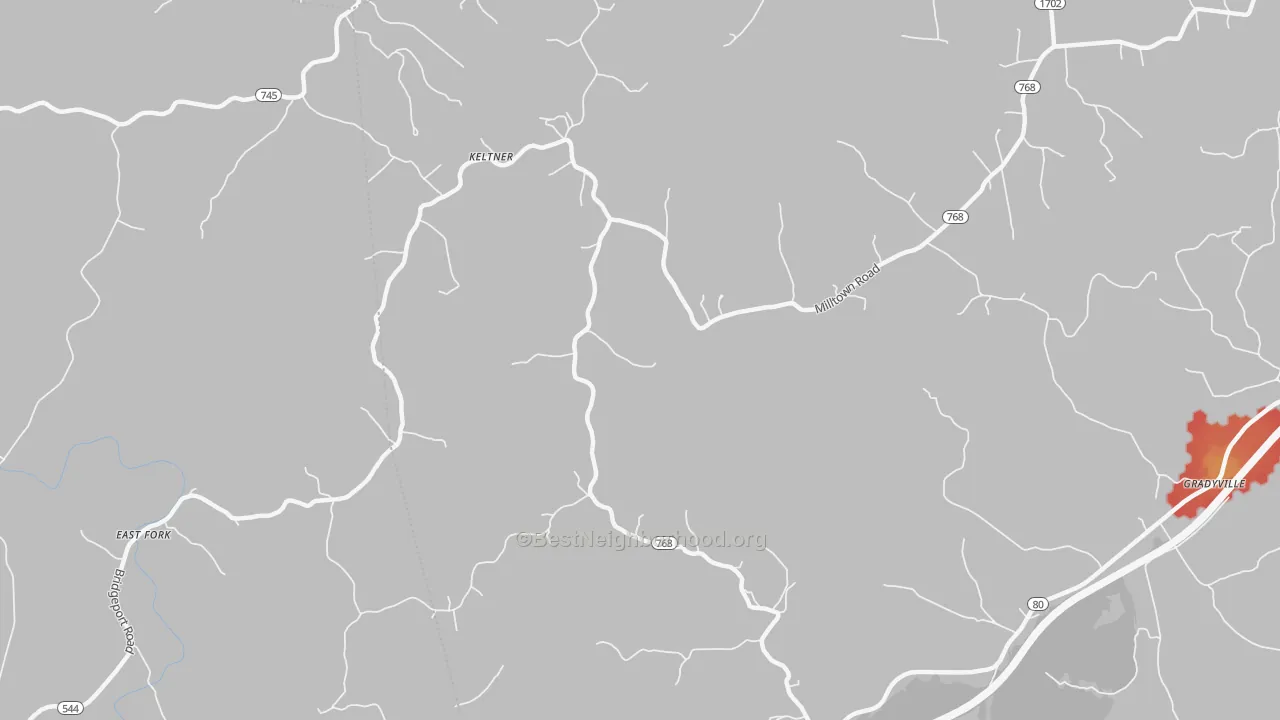 Walk Grade map of 42742, KY, walkable areas in green and car-dependent areas in red