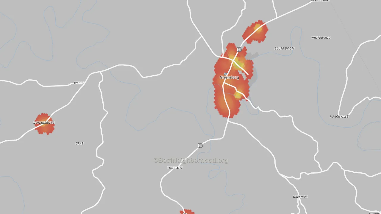 Walk Grade map of 42743, KY, walkable areas in green and car-dependent areas in red