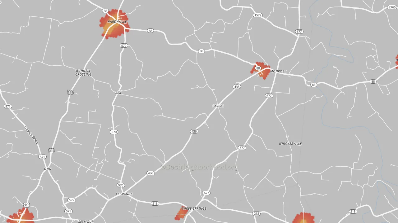 Walk Grade map of 42746, KY, walkable areas in green and car-dependent areas in red