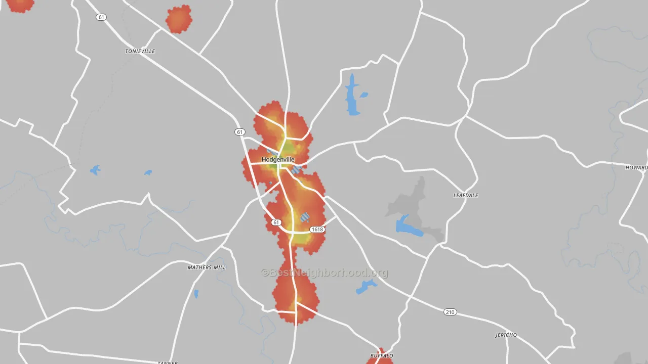 Walk Grade map of 42748, KY, walkable areas in green and car-dependent areas in red
