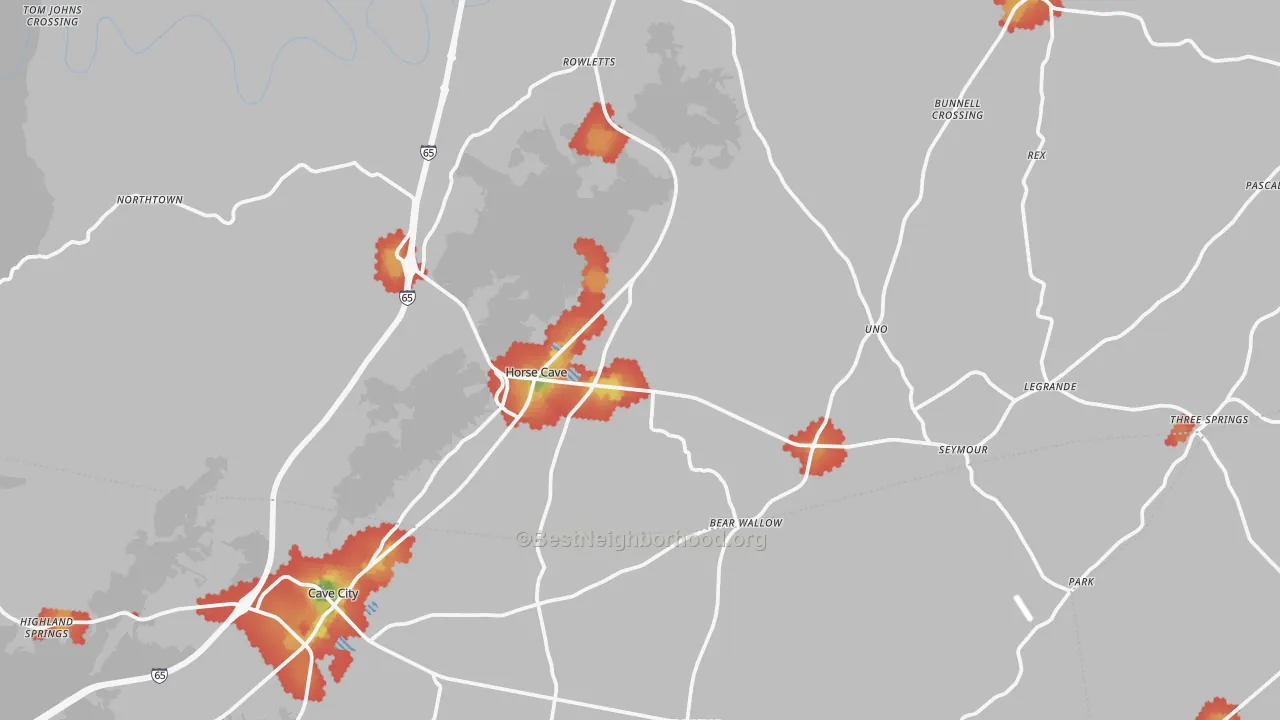 Walk Grade map of 42749, KY, walkable areas in green and car-dependent areas in red
