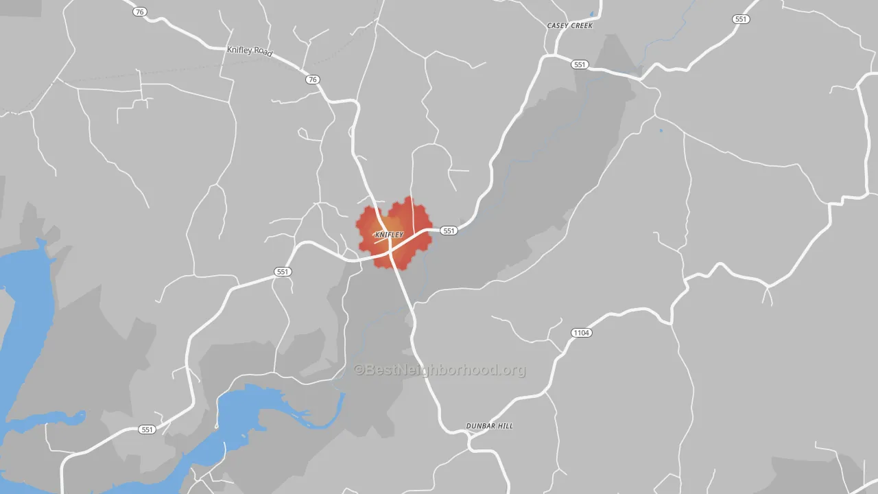 Walk Grade map of 42753, KY, walkable areas in green and car-dependent areas in red