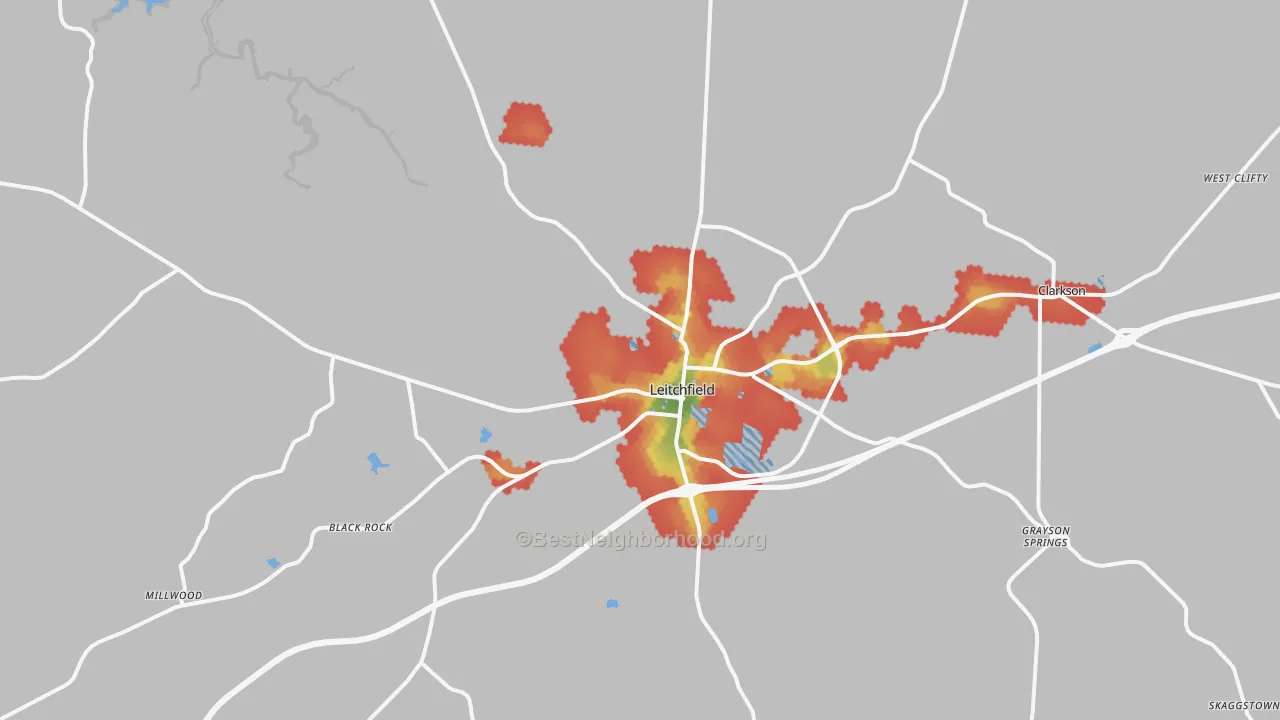Walk Grade map of 42754, KY, walkable areas in green and car-dependent areas in red
