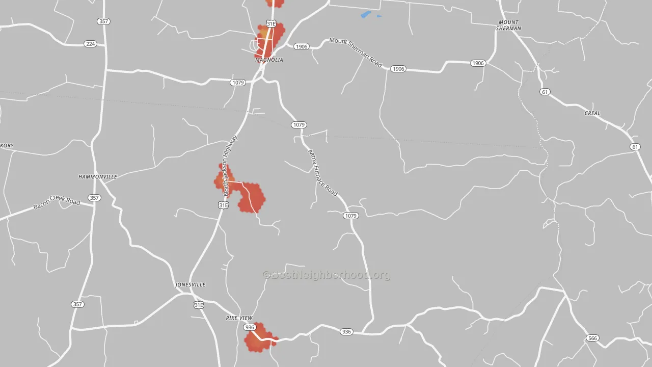 Walk Grade map of 42757, KY, walkable areas in green and car-dependent areas in red