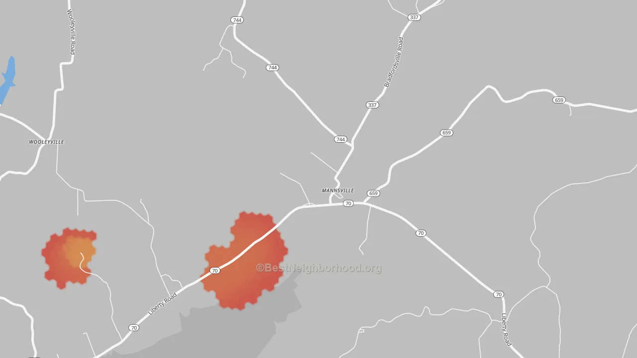 Walk Grade map of 42758, KY, walkable areas in green and car-dependent areas in red