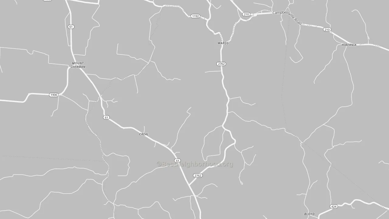 Walk Grade map of 42764, KY, walkable areas in green and car-dependent areas in red