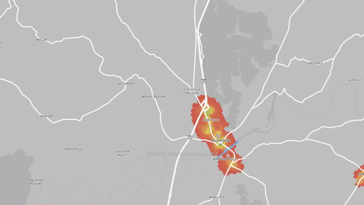 Walk Grade map of 42765, KY, walkable areas in green and car-dependent areas in red