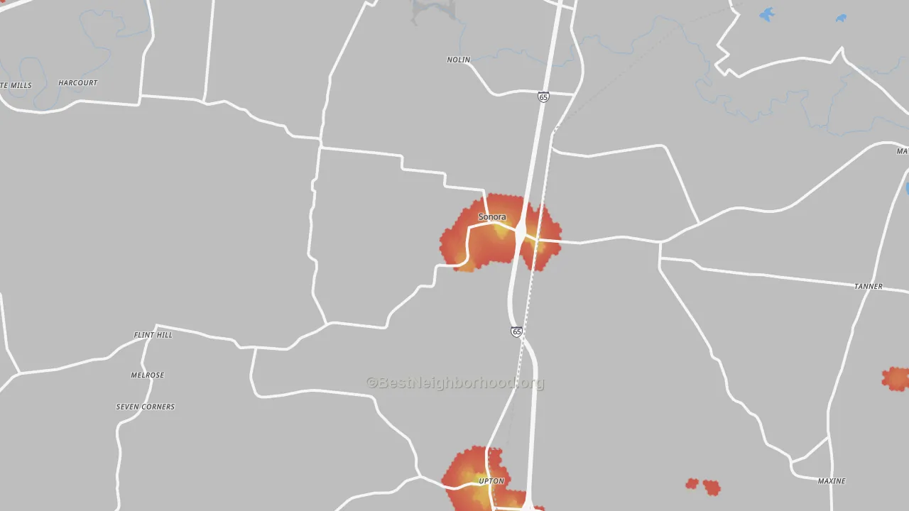 Walk Grade map of 42776, KY, walkable areas in green and car-dependent areas in red