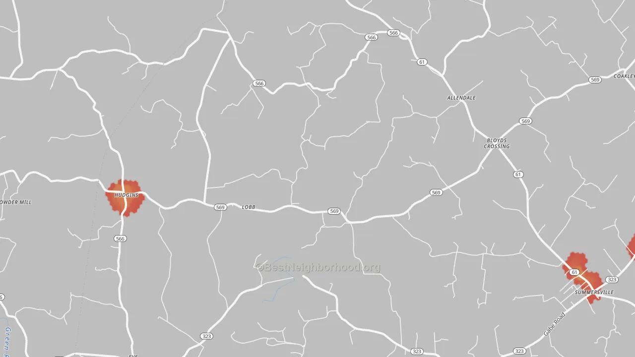Walk Grade map of 42782, KY, walkable areas in green and car-dependent areas in red