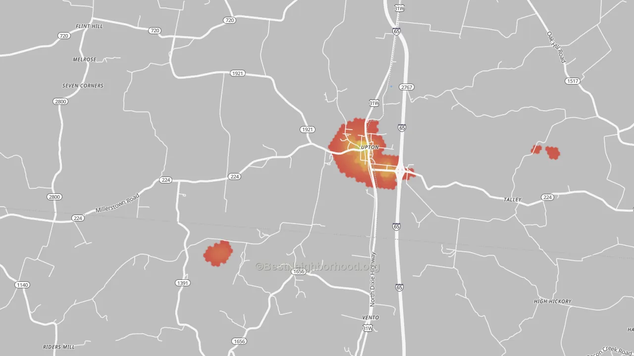 Walk Grade map of 42784, KY, walkable areas in green and car-dependent areas in red