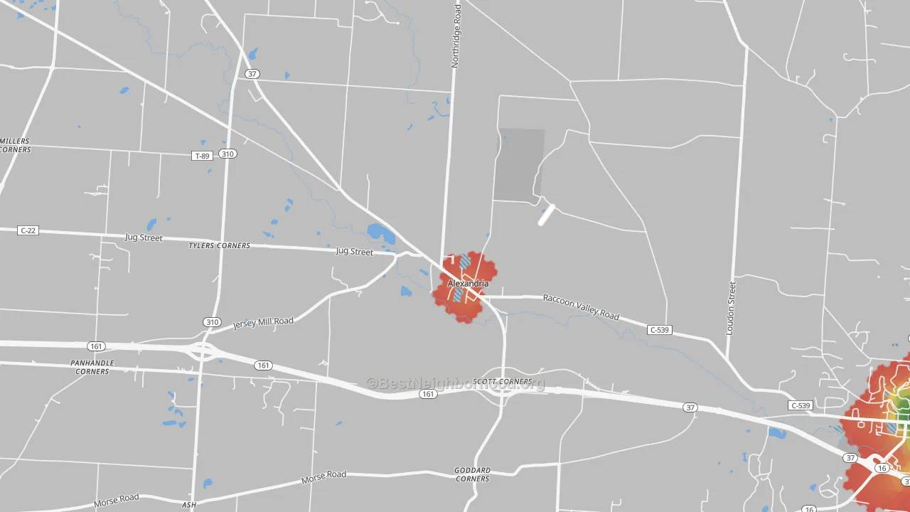 Walk Grade map of 43001, OH, walkable areas in green and car-dependent areas in red