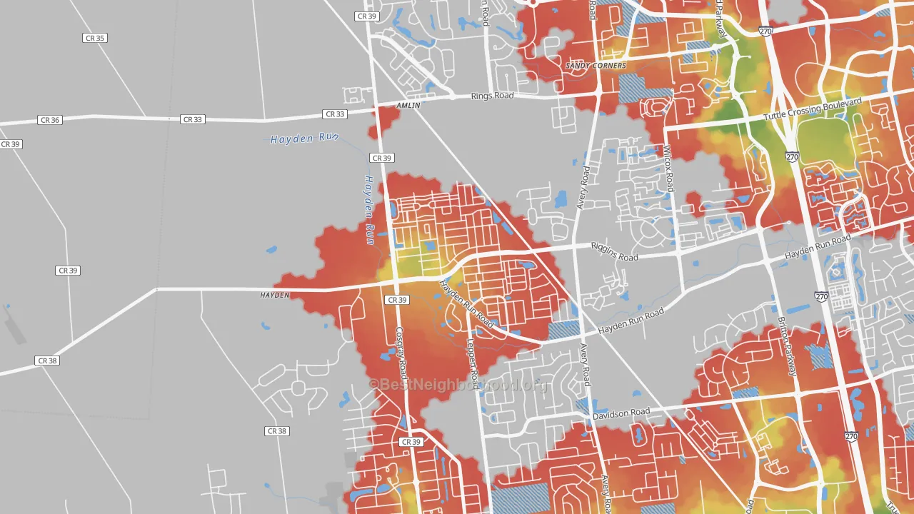 Walk Grade map of 43002, OH, walkable areas in green and car-dependent areas in red