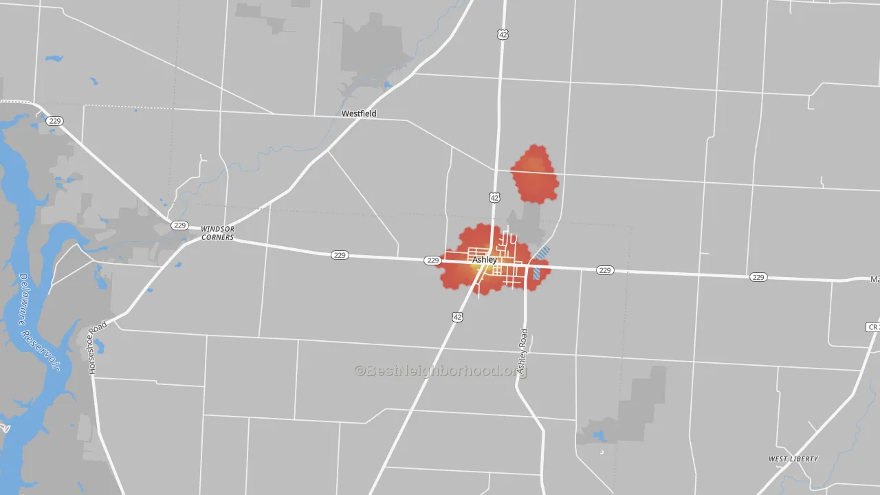 Walk Grade map of 43003, OH, walkable areas in green and car-dependent areas in red