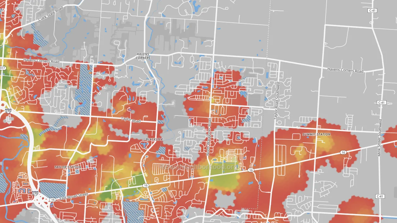 Walk Grade map of 43004, OH, walkable areas in green and car-dependent areas in red