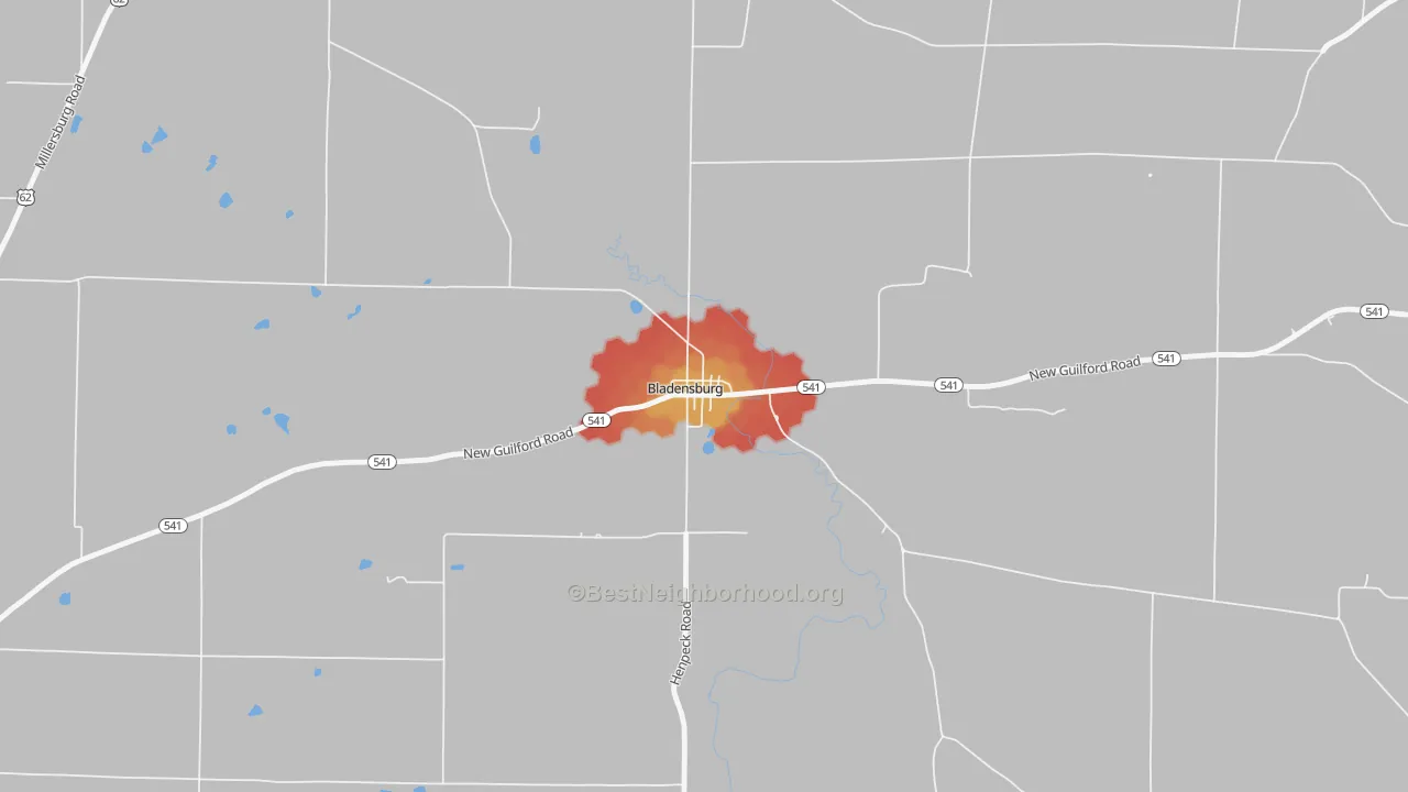 Walk Grade map of 43005, OH, walkable areas in green and car-dependent areas in red