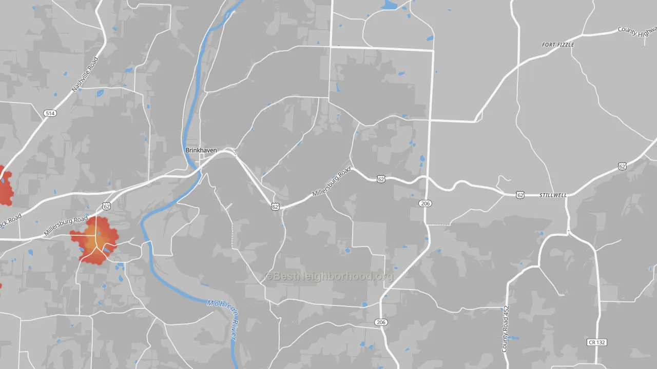 Walk Grade map of 43006, OH, walkable areas in green and car-dependent areas in red