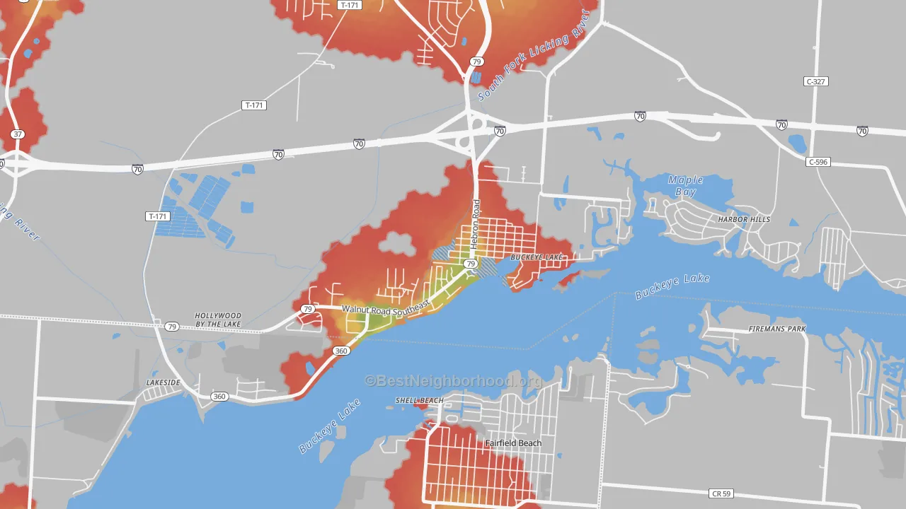 Walk Grade map of 43008, OH, walkable areas in green and car-dependent areas in red