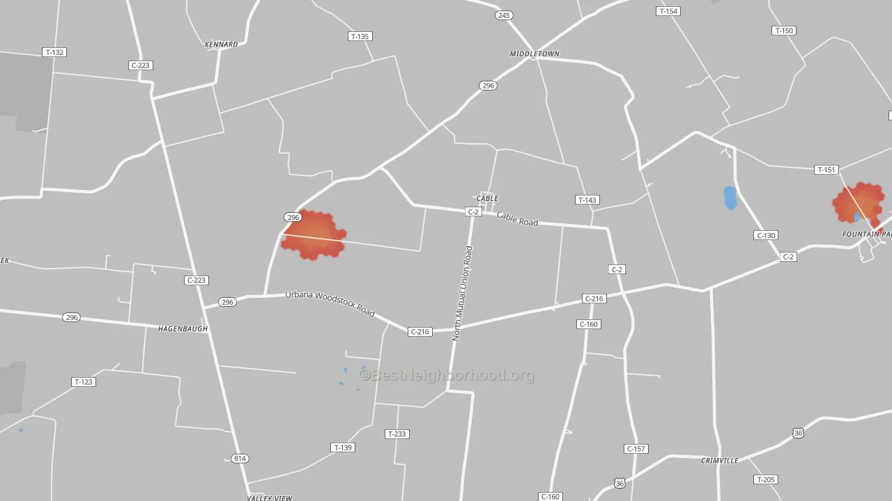 Walk Grade map of 43009, OH, walkable areas in green and car-dependent areas in red