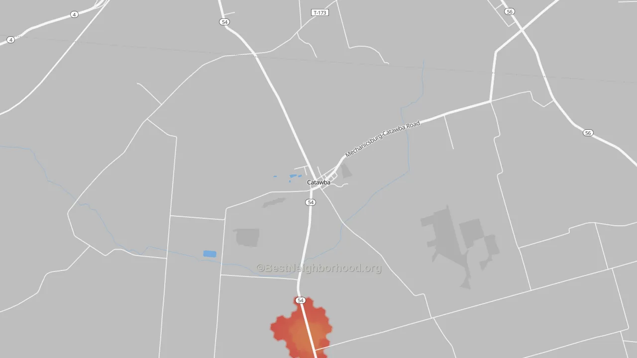 Walk Grade map of 43010, OH, walkable areas in green and car-dependent areas in red