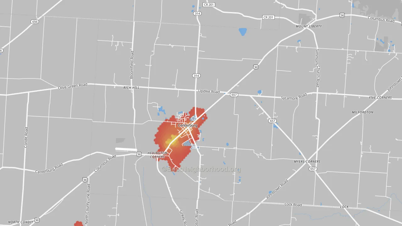 Walk Grade map of 43011, OH, walkable areas in green and car-dependent areas in red