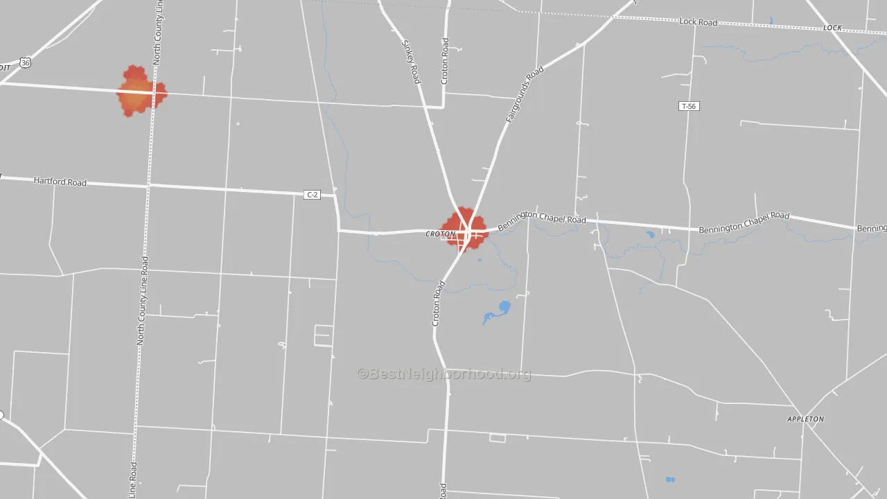 Walk Grade map of 43013, OH, walkable areas in green and car-dependent areas in red