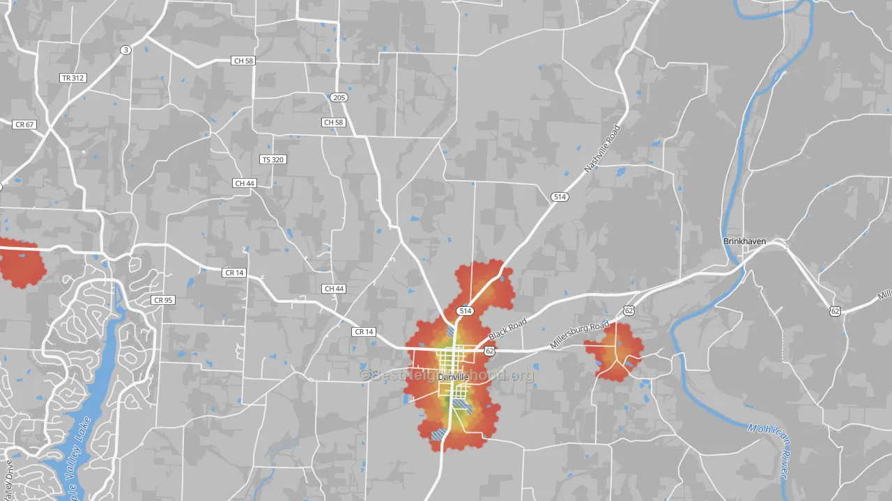 Walk Grade map of 43014, OH, walkable areas in green and car-dependent areas in red