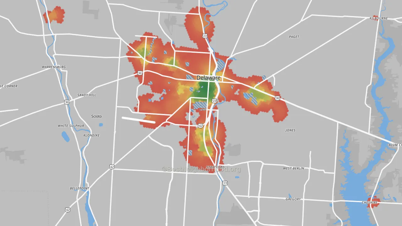 Walk Grade map of 43015, OH, walkable areas in green and car-dependent areas in red