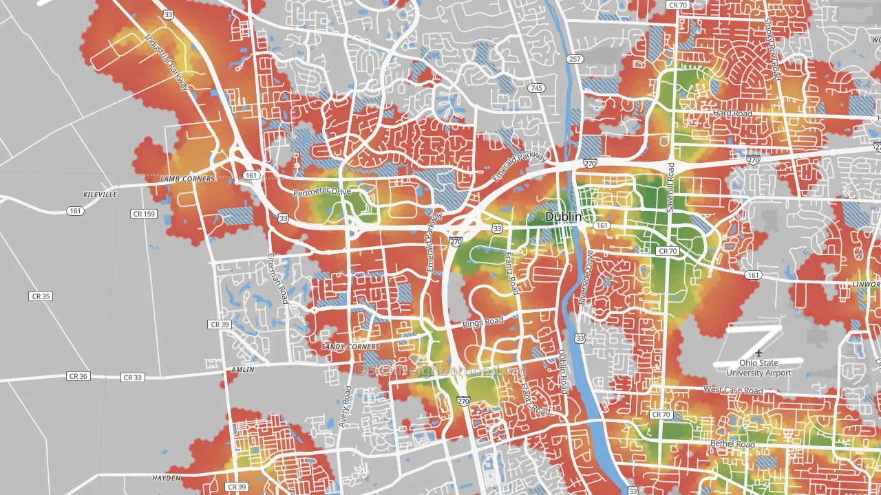 Walk Grade map of 43016, OH, walkable areas in green and car-dependent areas in red