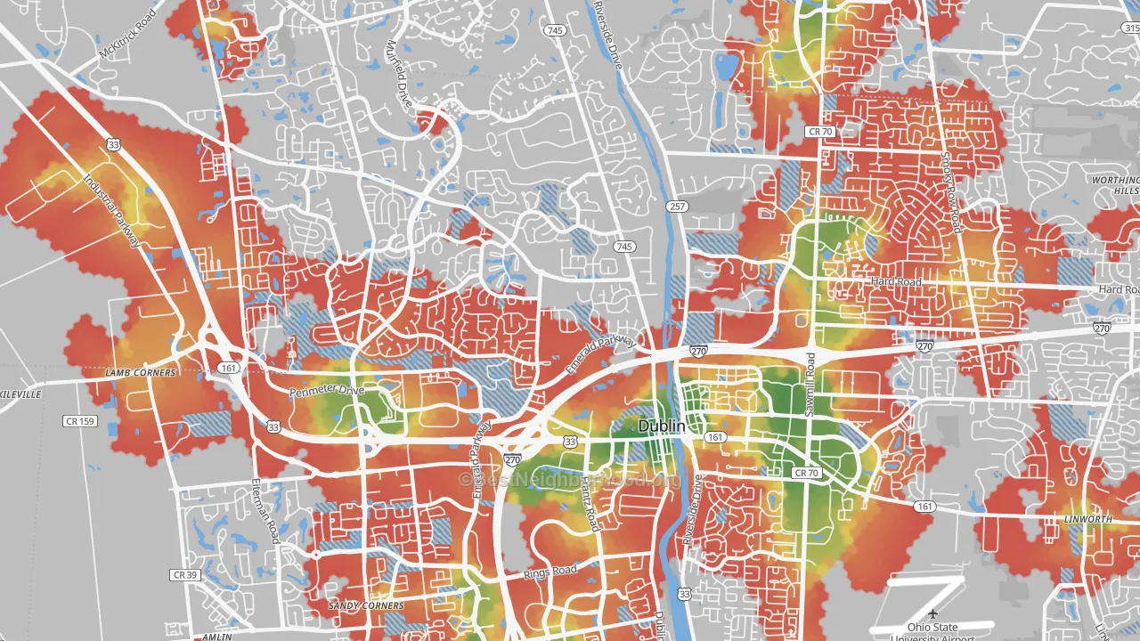 Walk Grade map of 43017, OH, walkable areas in green and car-dependent areas in red