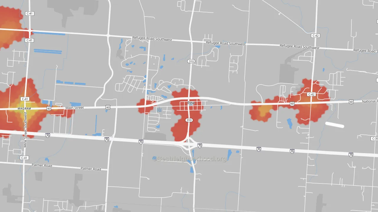 Walk Grade map of 43018, OH, walkable areas in green and car-dependent areas in red