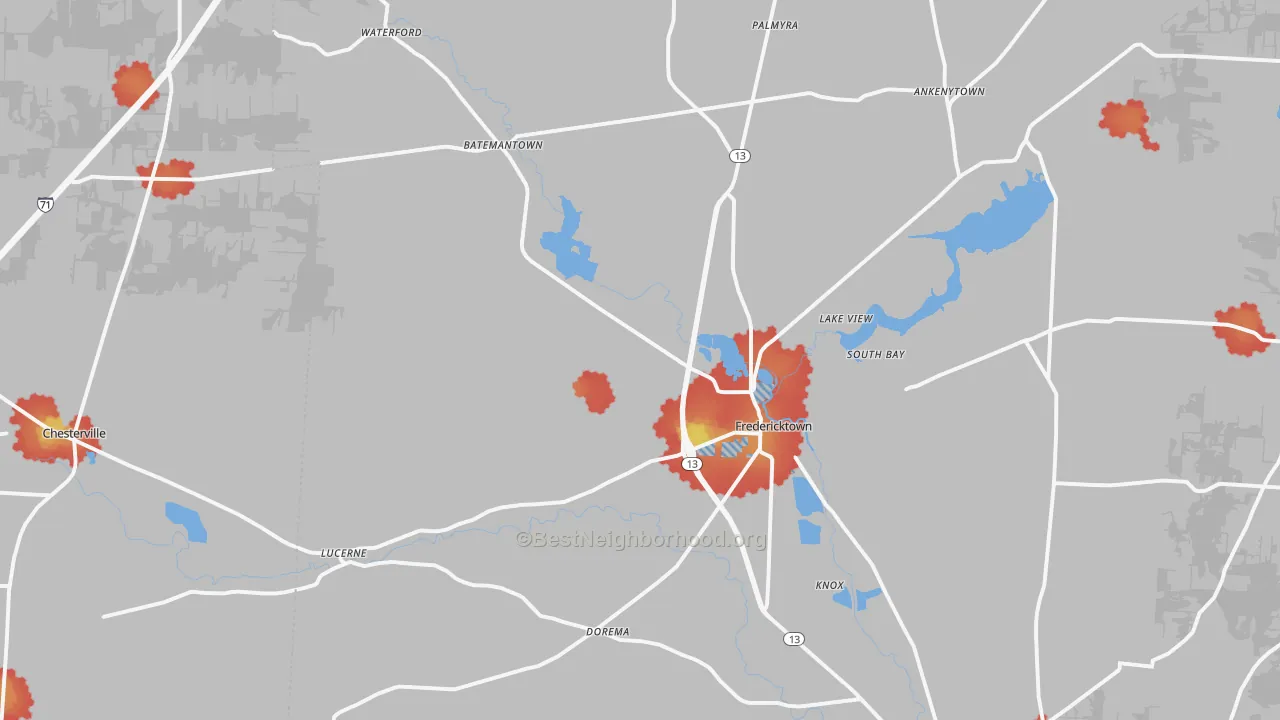Walk Grade map of 43019, OH, walkable areas in green and car-dependent areas in red
